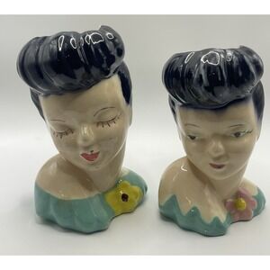 2- Vintage Glamour Girls in Blue, Lady Head Vase Set, 6" And 5"